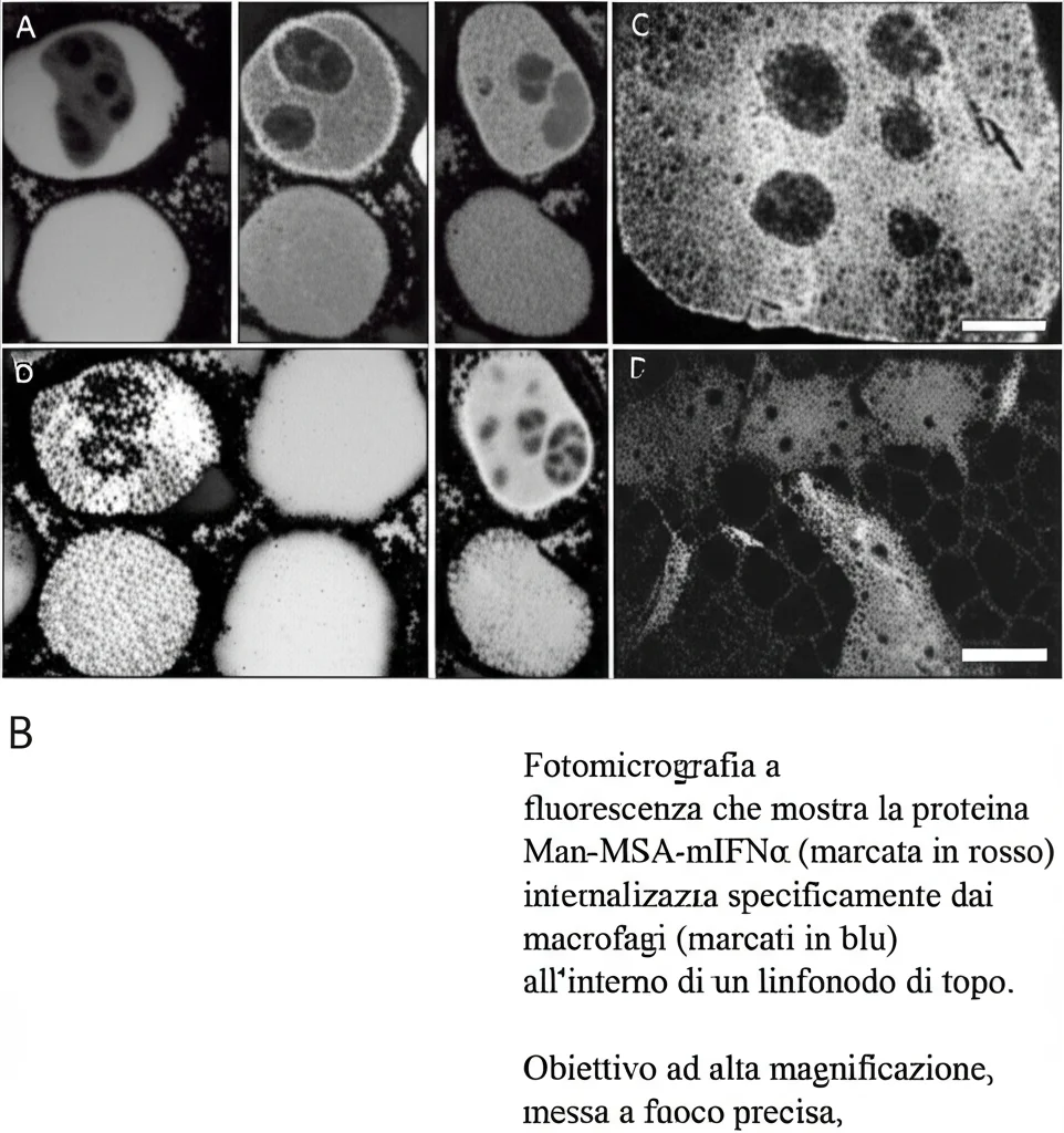 Fotomicrografia a fluorescenza che mostra la proteina Man-MSA-mIFNα (marcata in rosso) internalizzata specificamente dai macrofagi (marcati in blu) all'interno di un linfonodo di topo. Obiettivo ad alta magnificazione, messa a fuoco precisa, stile scientifico.