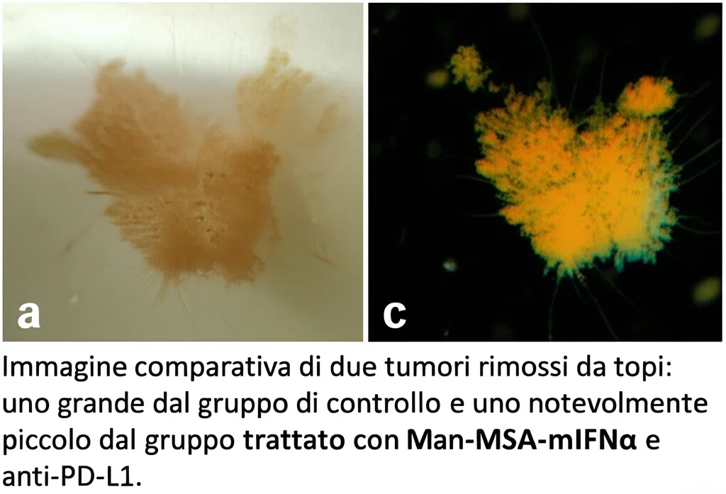 Immagine comparativa di due tumori rimossi da topi: uno grande dal gruppo di controllo e uno notevolmente più piccolo dal gruppo trattato con Man-MSA-mIFNα e anti-PD-L1. Messa a fuoco precisa sui tessuti, illuminazione da laboratorio controllata, obiettivo macro 60mm.