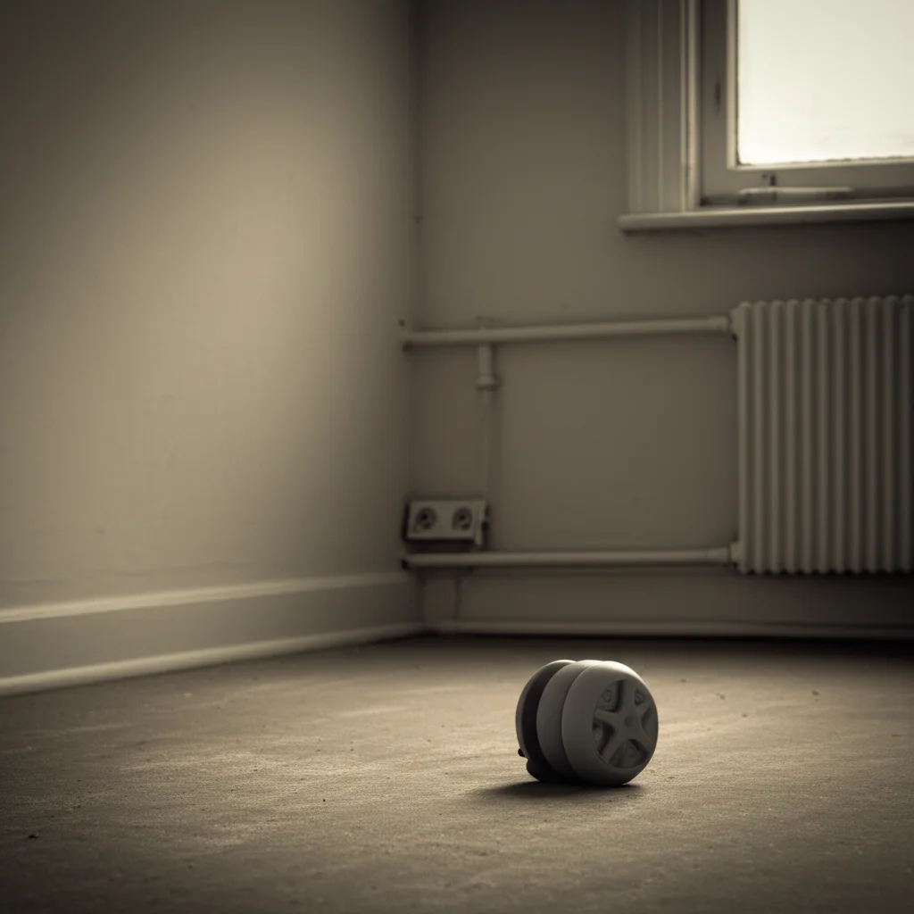 Foto realistica di una stanza dei giochi per bambini vuota e silenziosa, luce soffusa che entra dalla finestra, obiettivo prime 35mm, profondità di campo ridotta per focalizzare su un giocattolo abbandonato a terra, toni seppia e grigio per un'atmosfera malinconica.