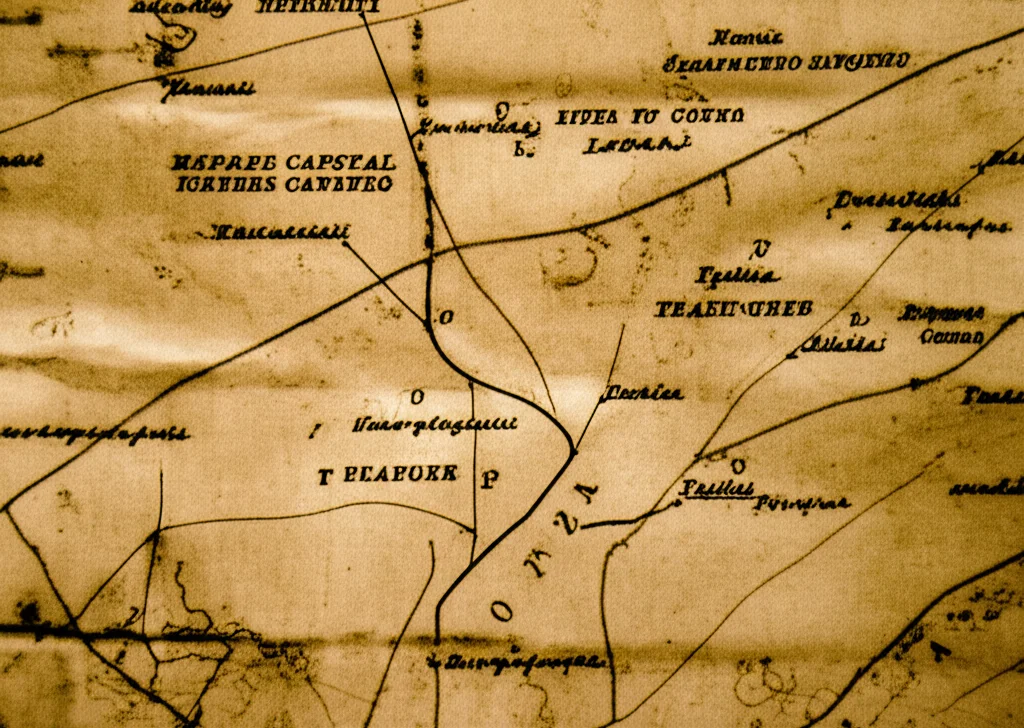 Fotografia macro di una vecchia mappa catastale ingiallita dal tempo, illuminata da una luce radente che ne esalta la grana e le pieghe, messa a fuoco selettiva su un dettaglio di un corso d'acqua ora scomparso, obiettivo macro 90mm, luce controllata e calda.