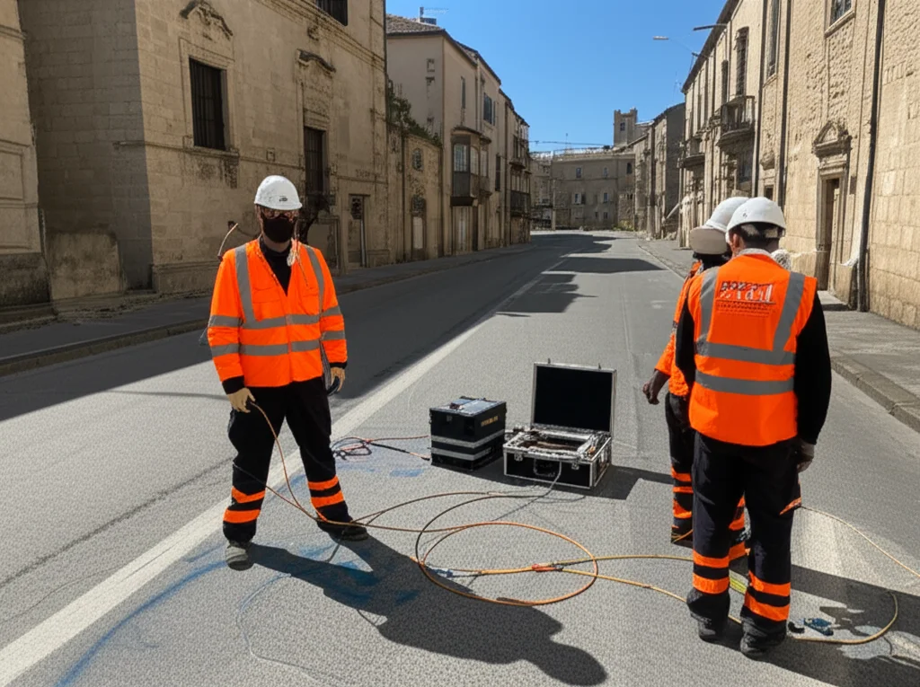 Tecnici geofisici che installano geofoni lungo una strada di Civita Castellana per un'indagine MASW, con attrezzatura sismica visibile e sfondo di edifici storici, obiettivo zoom teleobiettivo 150mm, fast shutter speed per congelare l'azione, luce diurna.