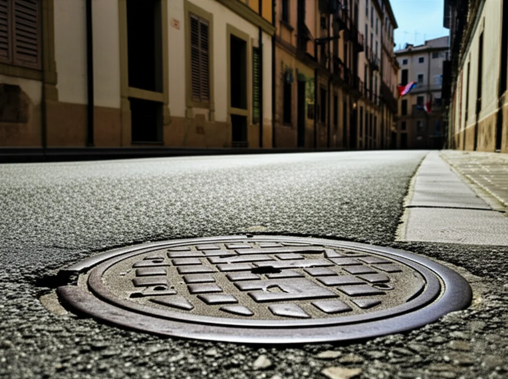 Foto di una strada urbana a Civita Castellana con un tombino per la raccolta delle acque piovane, sullo sfondo edifici storici, obiettivo 50mm prime, messa a fuoco sul tombino, luce diurna che evidenzia la texture dell'asfalto e del metallo.