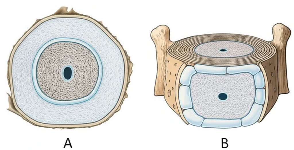 Illustrazione scientifica ad alta definizione che mostra un disco intervertebrale sano accanto a uno degenerato. Il disco degenerato appare più sottile, disidratato, con microfratture nell'anulus fibroso e un nucleo polposo ridotto. Illuminazione da laboratorio, focus preciso sui dettagli strutturali, stile fotorealistico.