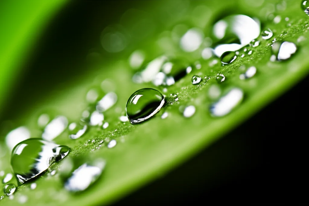 Fotografia macro, 85mm, di gocce di pioggia su una foglia verde brillante di una pianta coltivata, con riflessi sfocati di grafici di dati digitali sullo sfondo, illuminazione controllata, alta definizione.