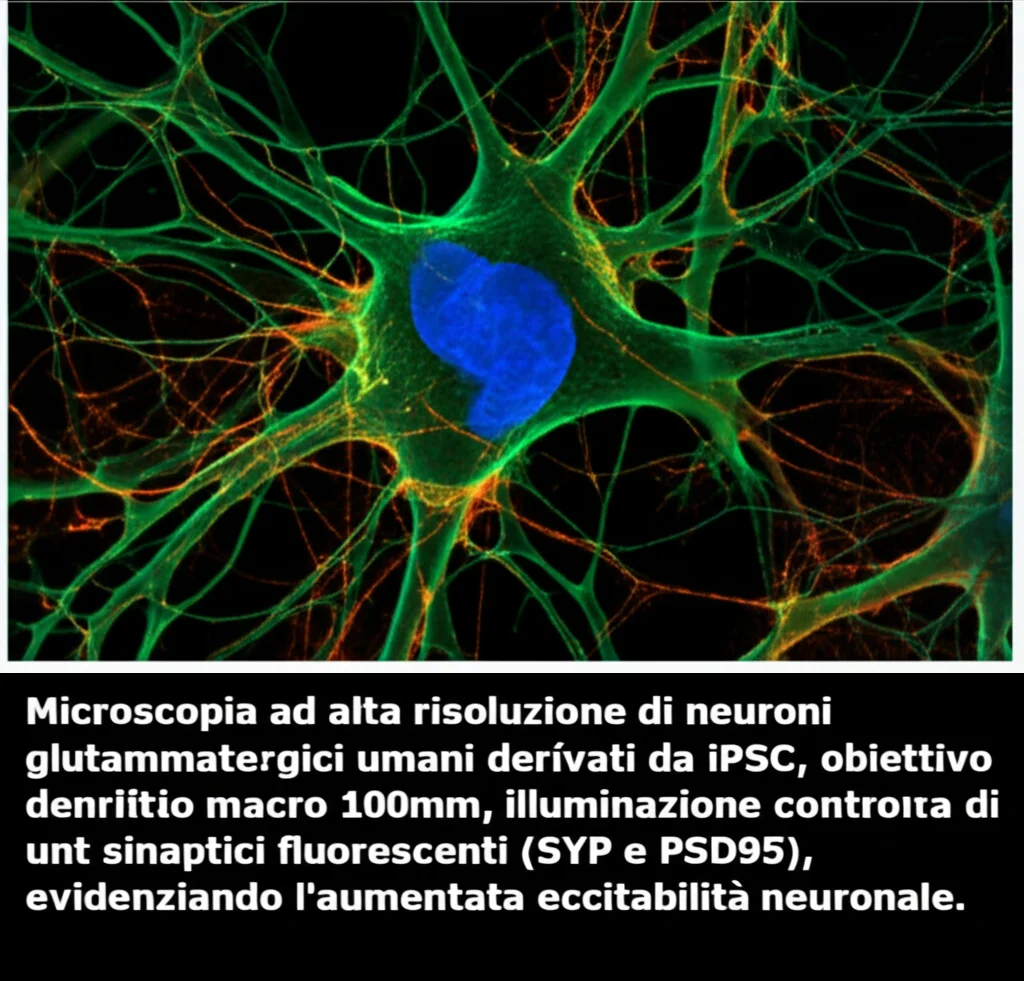 Microscopia ad alta risoluzione di neuroni glutammatergici umani derivati da iPSC, obiettivo macro 100mm, illuminazione controllata, che mostra dendriti complesse e punti sinaptici fluorescenti (SYP e PSD95), evidenziando l'aumentata eccitabilità neuronale.