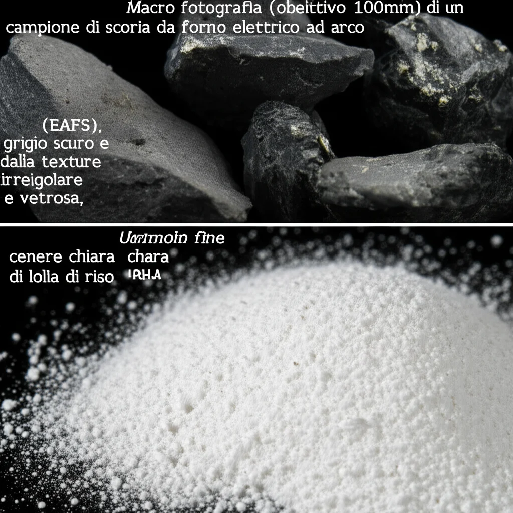 Macro fotografia (obiettivo 100mm) di un campione di scoria da forno elettrico ad arco (EAFS), grigio scuro e dalla texture irregolare e vetrosa, accanto a una polvere fine e chiara di cenere di lolla di riso (RHA). Illuminazione controllata da studio per evidenziare i dettagli e le diverse texture dei due materiali di scarto. High detail, precise focusing.