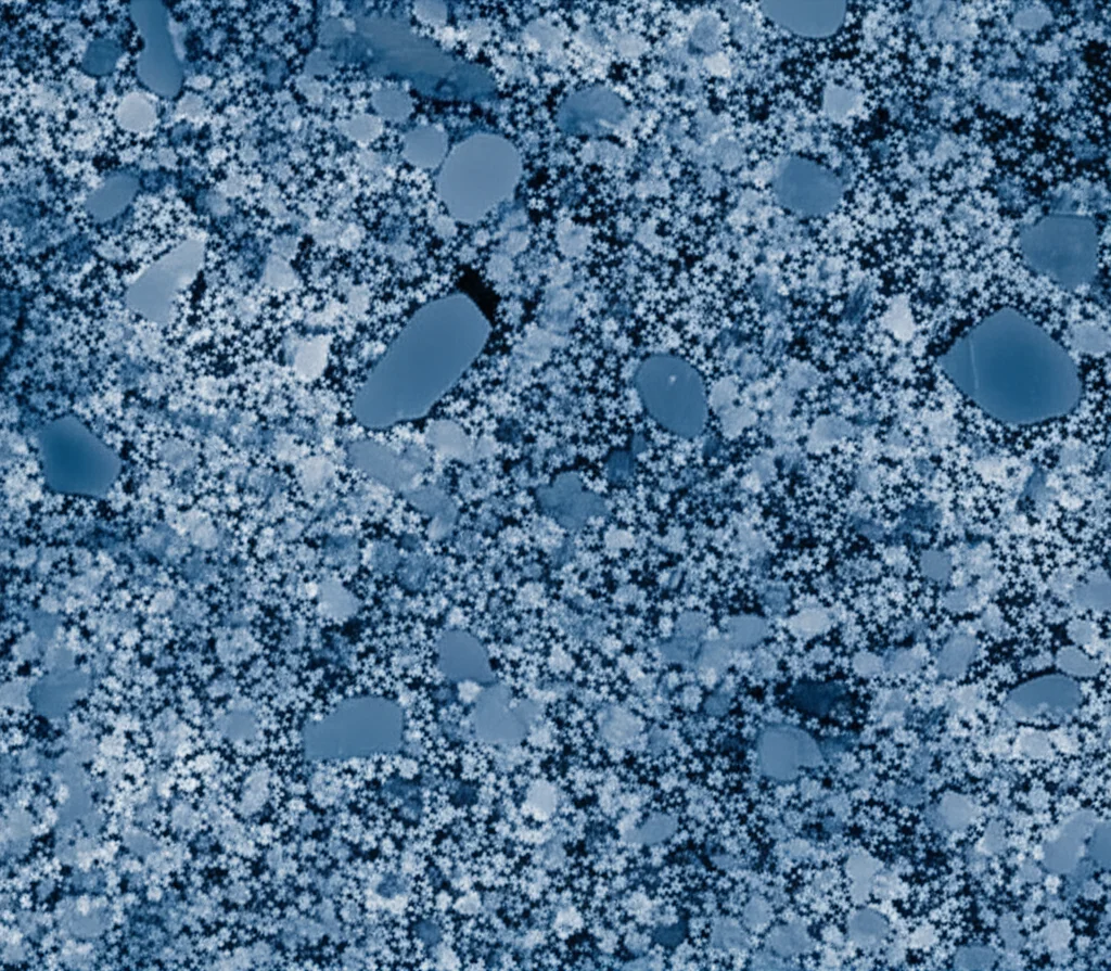 Simulazione astratta di un'immagine al microscopio elettronico a scansione (SEM) di un cemento attivato alcalinamente. Texture complessa con aree grigio scuro (simulanti il gel C-A-S-H granulare) e aree grigio più chiaro e lisce (simulanti il gel (N,C)-A-S-H più denso). Alcune particelle angolari non reagite immerse nella matrice. Utilizzo di duotone blu e grigio per un effetto scientifico ma artistico. Obiettivo macro 100mm, high detail.