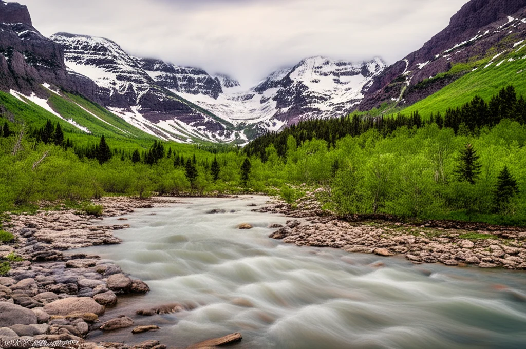 Ampia veduta di un paesaggio montano nell'ovest degli Stati Uniti in primavera. Cime ancora innevate sullo sfondo, pendii verdi in primo piano e un fiume che scorre vigoroso, alimentato dallo scioglimento delle nevi. Obiettivo grandangolare 10-24mm, lunga esposizione per rendere l'acqua del fiume liscia e setosa, messa a fuoco nitida sull'intero paesaggio.