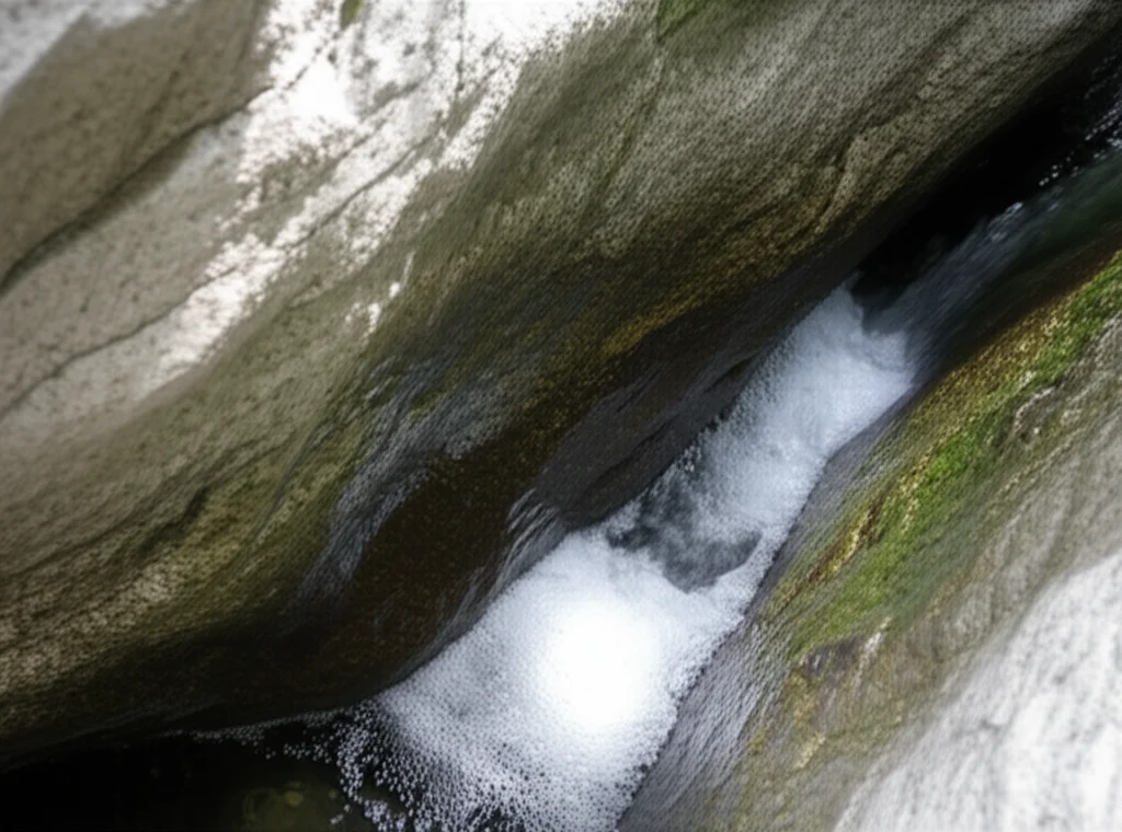 Primo piano di rocce fratturate vicino a un corso d'acqua montano, con acqua che visibilmente filtra dalle fessure. Simboleggia l'infiltrazione e lo stoccaggio dell'acqua nel sottosuolo roccioso. Obiettivo macro 60-105mm, alta definizione dei dettagli della roccia e dell'acqua, illuminazione controllata per enfatizzare le texture.