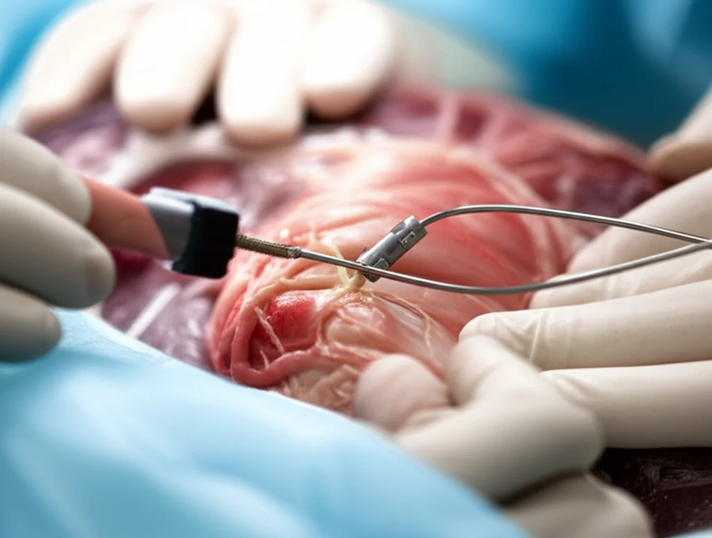 Fotografia macro di un cuore di pecora durante un intervento chirurgico sterile in un laboratorio di ricerca, focus sui dettagli delle sonde di flusso Doppler impiantate sull'aorta ascendente e sull'arteria coronaria sinistra, illuminazione controllata, alta definizione, obiettivo macro 100mm.