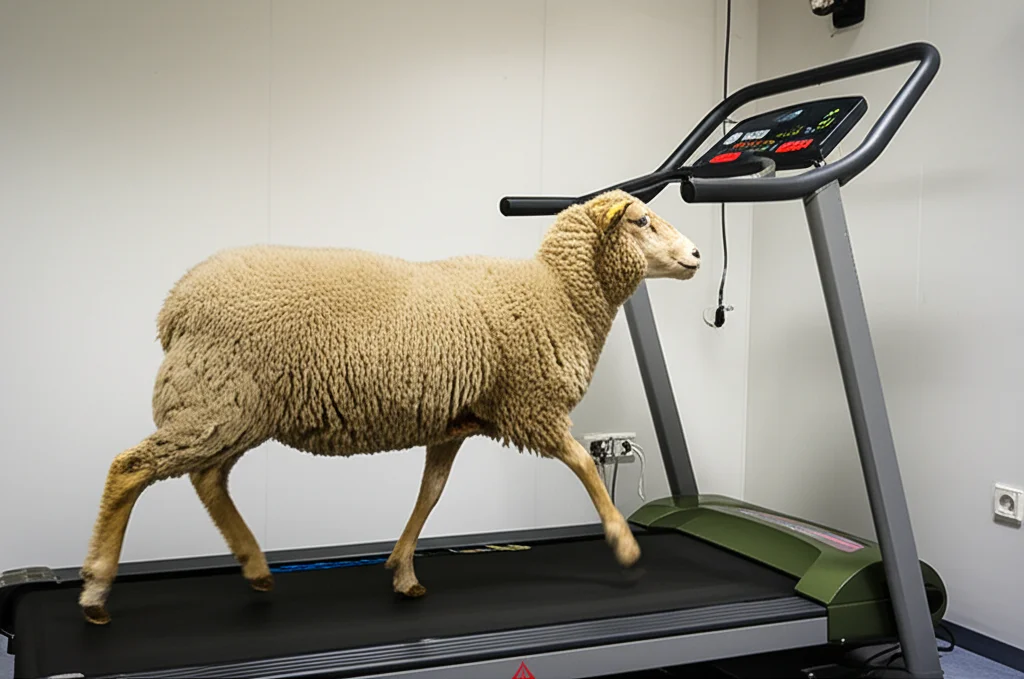 Fotografia sportiva di una pecora che cammina energicamente su un tapis roulant inclinato in un ambiente di laboratorio luminoso, catturata con teleobiettivo zoom 200mm, alta velocità dell'otturatore per congelare il movimento delle zampe, tracciamento del movimento attivo, espressione concentrata dell'animale.