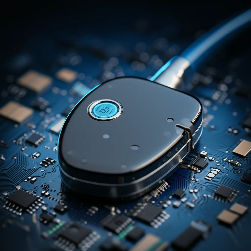 Primo piano still life di un moderno pacemaker cardiaco appoggiato su uno sfondo tecnologico blu sfumato con linee luminose che simulano segnali elettrici, obiettivo macro 85mm, alta definizione dei dettagli del dispositivo e dei circuiti visibili, illuminazione da studio controllata e precisa che enfatizza la tecnologia.