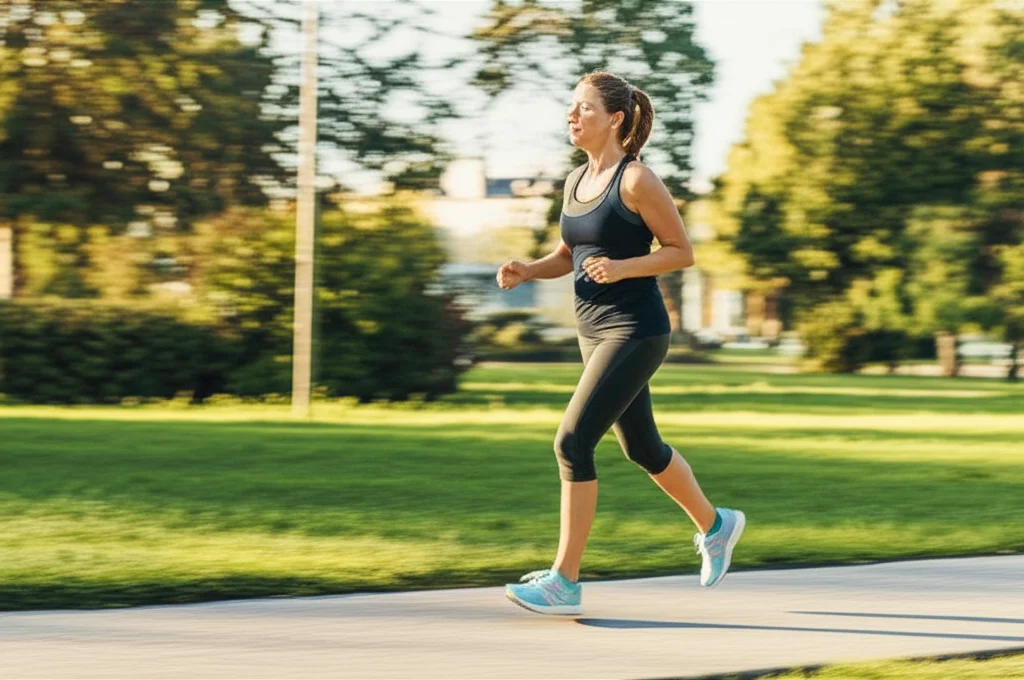 Persona di mezza età che fa jogging in un parco al mattino presto, ripresa con teleobiettivo zoom 200mm, fast shutter speed per congelare il movimento, luce naturale dorata, focus sull'espressione concentrata ma serena, simbolo di uno stile di vita sano legato alla salute cognitiva.
