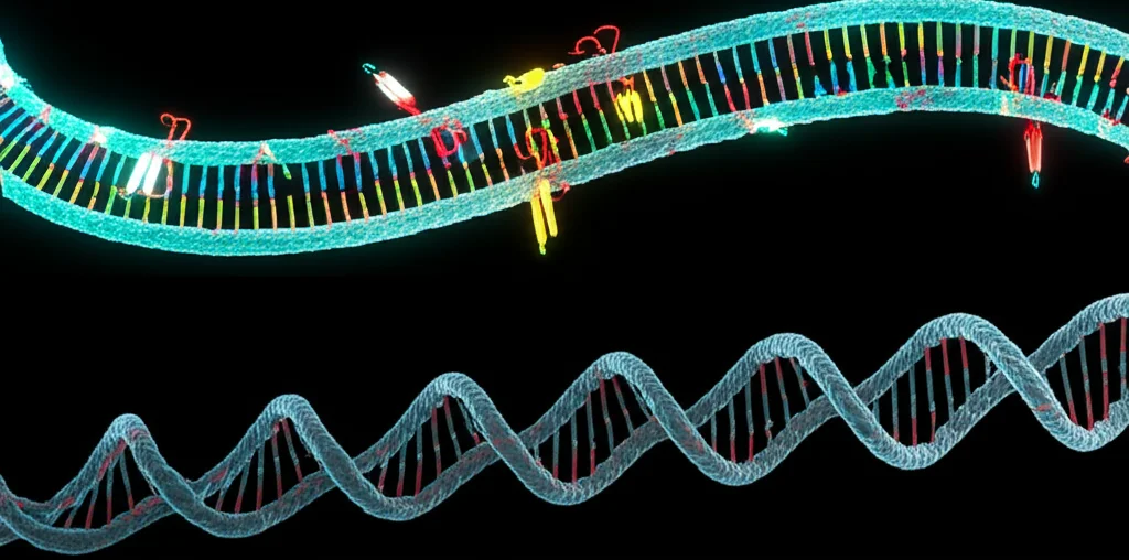 Visualizzazione 3D astratta di due segmenti di DNA. Un segmento (origine baseline) ha complessi proteici (MTBP-TICRR/TRESLIN, stilizzati) legati attivamente, illuminati. L'altro segmento (origine dormiente) ha un diverso complesso proteico (pRecQL4, stilizzato) legato, in ombra. Obiettivo macro, 85mm, illuminazione controllata, alto dettaglio molecolare.