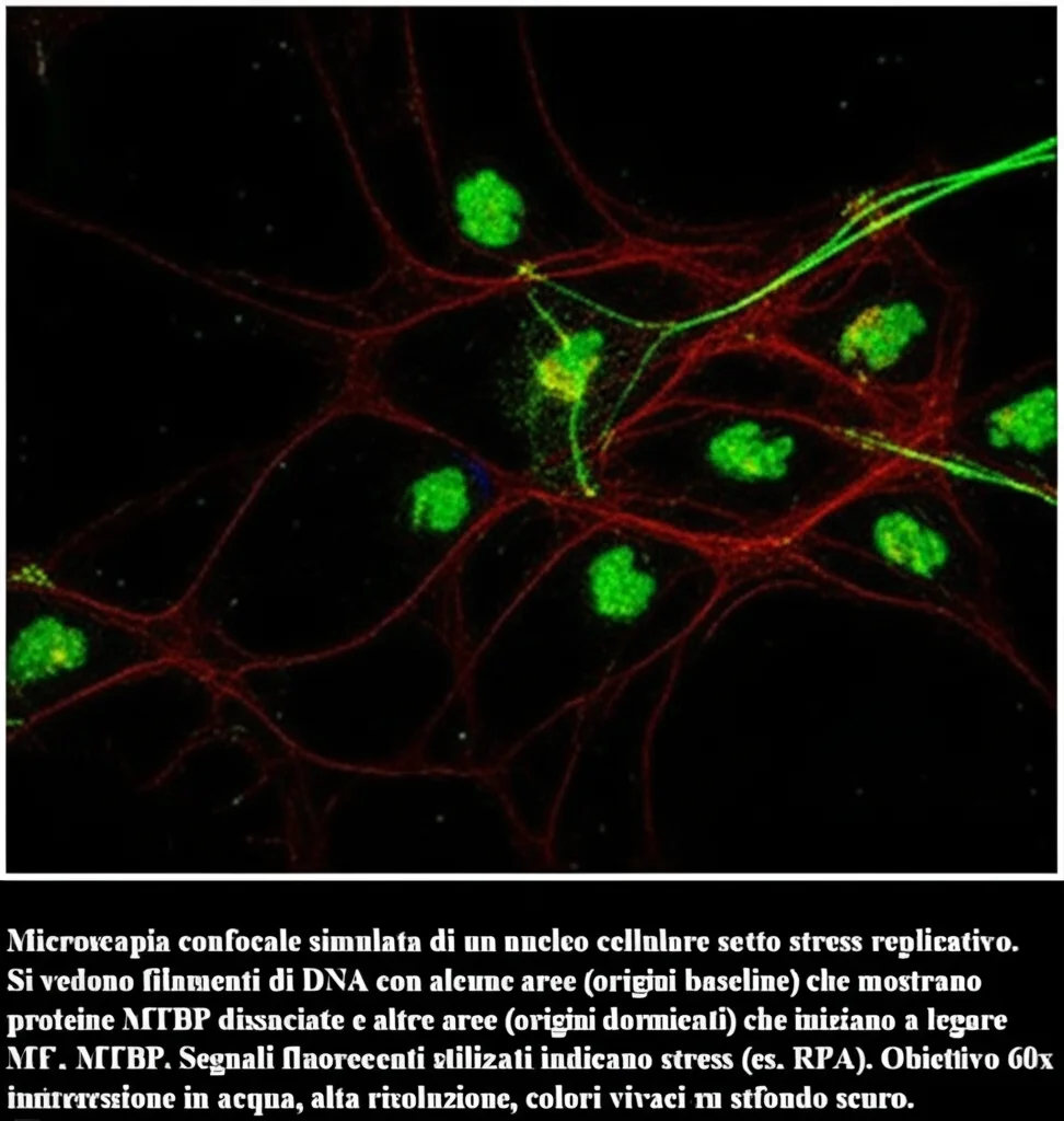Microscopia confocale simulata di un nucleo cellulare sotto stress replicativo. Si vedono filamenti di DNA con alcune aree (origini baseline) che mostrano proteine MTBP dissociate e altre aree (origini dormienti) che iniziano a legare MTBP. Segnali fluorescenti stilizzati indicano stress (es. RPA). Obiettivo 60x immersione in acqua, alta risoluzione, colori vivaci su sfondo scuro.