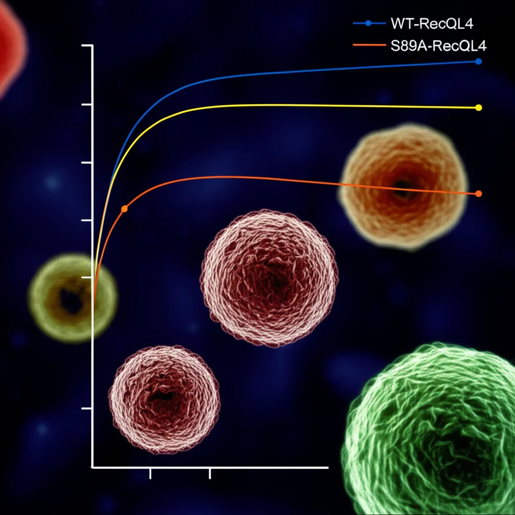 Grafico scientifico stilizzato che compara la sopravvivenza cellulare dopo stress replicativo. Due linee: una (WT-RecQL4) mostra alta sopravvivenza, l'altra (S89A-RecQL4) mostra bassa sopravvivenza. Sullo sfondo, immagini astratte di cellule sane vs danneggiate. Fotografia di still life concettuale, obiettivo 50mm, profondità di campo ridotta, illuminazione drammatica.