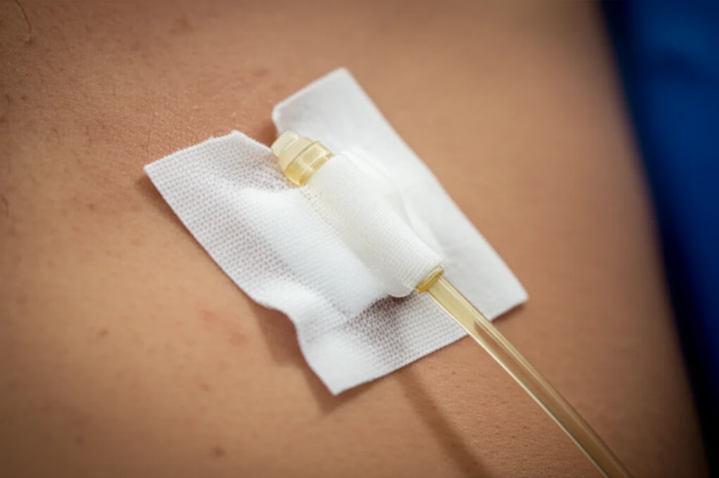 Primo piano di un dispositivo di assistenza ventricolare (VAD) parzialmente visibile sotto una medicazione sterile, con enfasi sulla linea di trasmissione (driveline) che esce dalla pelle. Luce controllata da studio, obiettivo macro 90mm, alta definizione per mostrare la texture della pelle e del materiale del dispositivo, suggerendo un contesto clinico pulito ma con la potenziale minaccia di infezione.