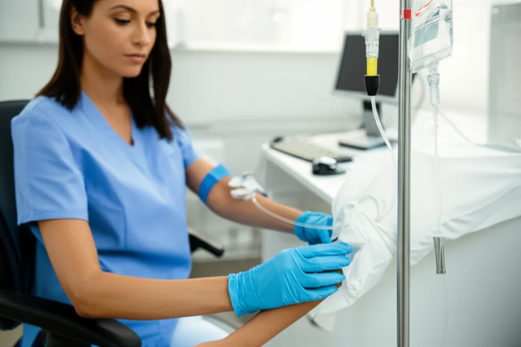 Fotografia di una flebo di dalbavancina in un ambiente ambulatoriale luminoso. Un'infermiera (fuori fuoco sullo sfondo) monitora l'infusione. Obiettivo prime 50mm, profondità di campo ridotta per focalizzare sulla flebo e sul braccio del paziente (non identificabile), luce naturale morbida dalla finestra, atmosfera calma e professionale.