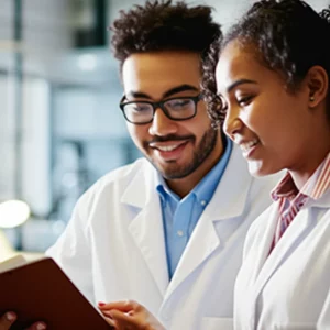 A photorealistic portrait of a diverse graduate student mentor and an undergraduate mentee smiling and looking engaged while reviewing research notes in a lab environment. Use 35mm portrait lens, depth of field, controlled lighting.