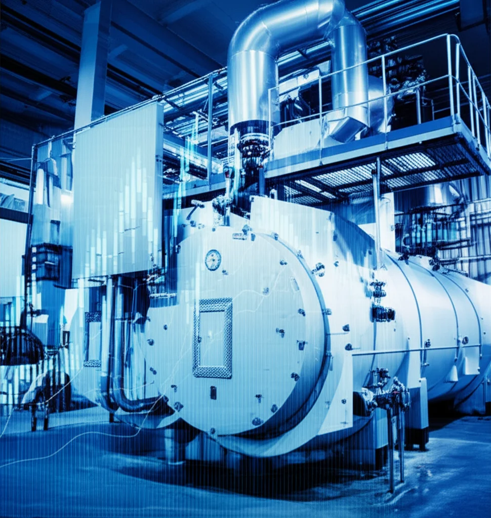 Immagine concettuale di una caldaia industriale stilizzata con sovrapposizione di grafici di dati time-series che mostrano chiaramente una distribuzione a coda lunga (pochi picchi anomali), stile fotorealistico con elementi grafici digitali, illuminazione drammatica che evidenzia sia la macchina che i dati, obiettivo 35mm, profondità di campo selettiva.