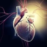 Immagine simbolica: un cuore stilizzato parzialmente meccanico (rappresenta il VAD) illuminato da un fascio di luce calda in un ambiente scuro, con sottili filamenti rossi (simbolo dell'infezione da Staphylococcus aureus) che si ritirano dalla luce. Obiettivo 35mm, stile cinematografico con leggero contrasto duotone blu e ambra, profondità di campo per mettere a fuoco il cuore.