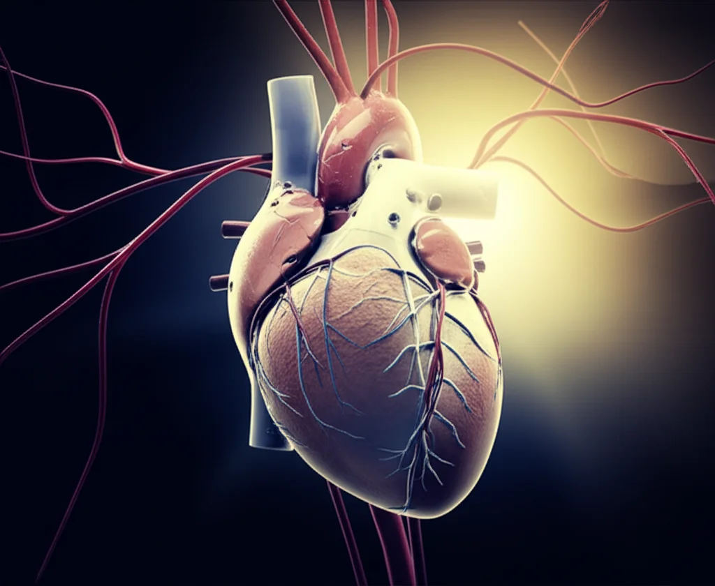 Immagine simbolica: un cuore stilizzato parzialmente meccanico (rappresenta il VAD) illuminato da un fascio di luce calda in un ambiente scuro, con sottili filamenti rossi (simbolo dell'infezione da Staphylococcus aureus) che si ritirano dalla luce. Obiettivo 35mm, stile cinematografico con leggero contrasto duotone blu e ambra, profondità di campo per mettere a fuoco il cuore.