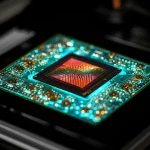 Immagine fotorealistica, obiettivo macro 85mm, alta definizione, illuminazione controllata, che mostra la superficie di un chip quantistico luminoso dove pattern intricati, rappresentanti processi di reazione-diffusione, emergono da qubit interconnessi.