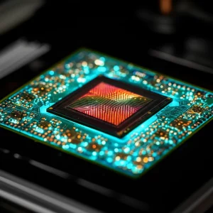 Immagine fotorealistica, obiettivo macro 85mm, alta definizione, illuminazione controllata, che mostra la superficie di un chip quantistico luminoso dove pattern intricati, rappresentanti processi di reazione-diffusione, emergono da qubit interconnessi.
