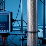 Photorealistic image of a lab setup for testing a rice desiccant dehumidifier, showing the vertical column and measurement instruments. Macro lens, 60mm, high detail, controlled lighting.
