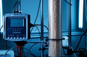 Photorealistic image of a lab setup for testing a rice desiccant dehumidifier, showing the vertical column and measurement instruments. Macro lens, 60mm, high detail, controlled lighting.