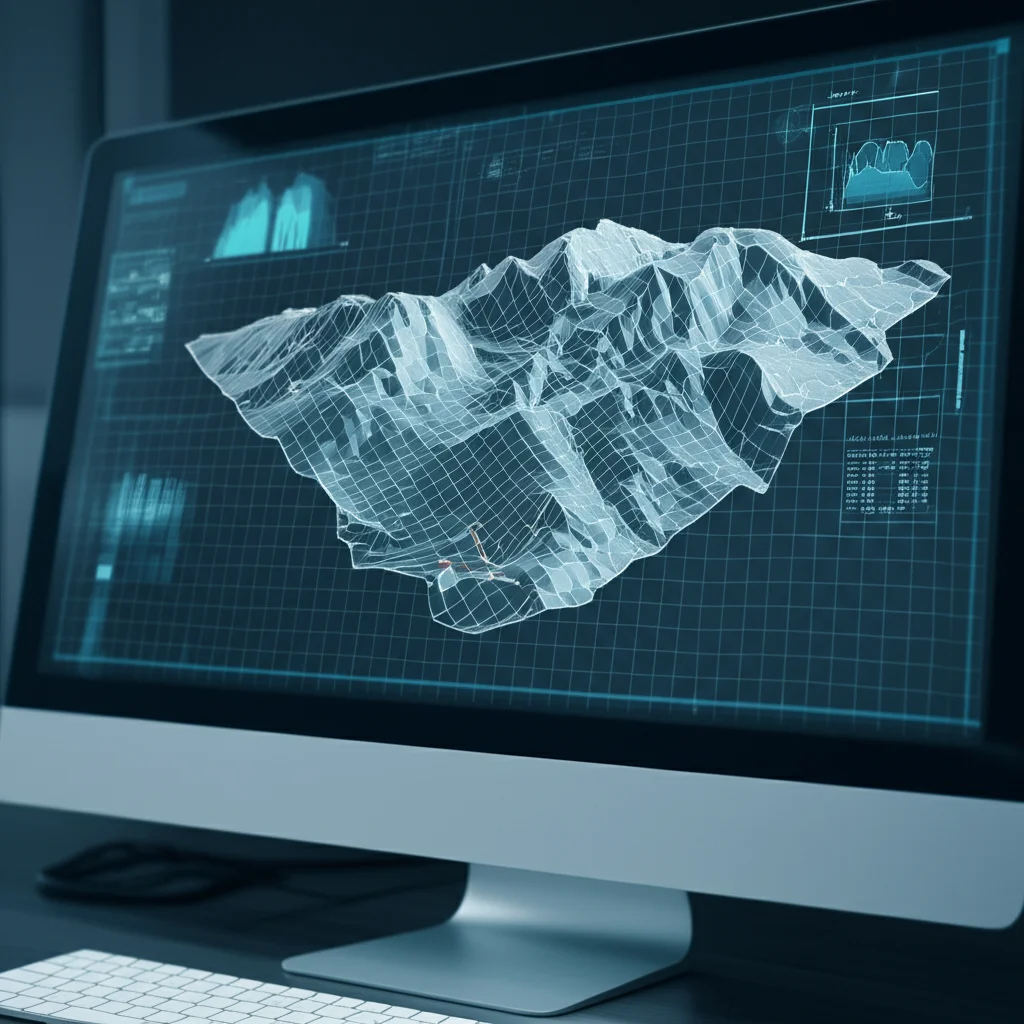 A photorealistic image depicting a sophisticated computer interface displaying a 3D model of a mountainous terrain with highlighted potential landslide paths, symbolizing the predictive power of MARS analysis in earthquake-induced slope displacements. Use a prime lens, 35mm, with depth of field to focus on the screen, and a subtle duotone of cool blue and analytical grey.