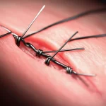Close-up macro shot of surgical sutures on tissue, symbolizing the delicate nature of anastomosis after colon cancer surgery and the risk of leakage, 60mm macro lens, high detail, controlled lighting.