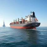 Photorealistic wide-angle 10mm landscape image of a large cargo ship sailing on a calm ocean under a clear sky, with a futuristic DAC plant visible on the distant coast, sharp focus.