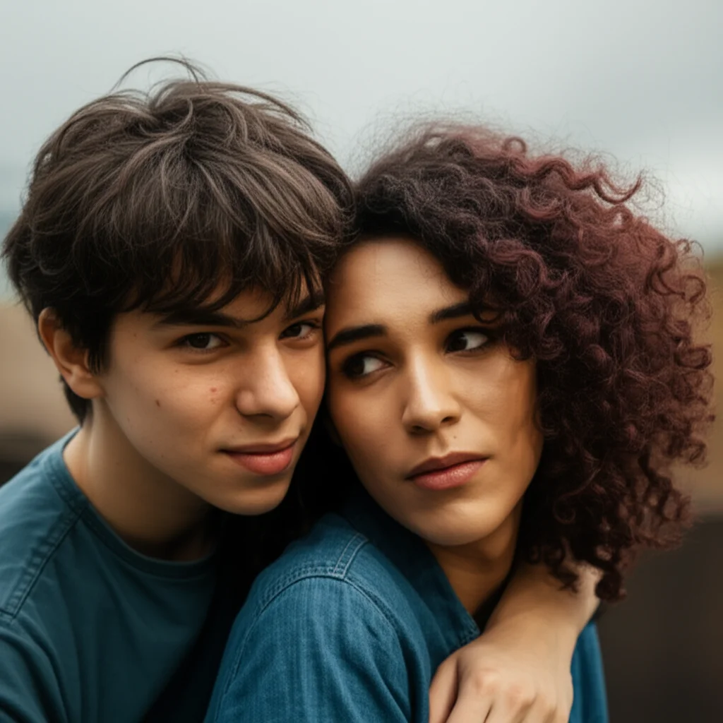 Portrait photography, 35mm, depth of field, illustrating the emotional complexities of dating and relationships involving trans individuals and cis partners, highlighting themes of acceptance and rejection.