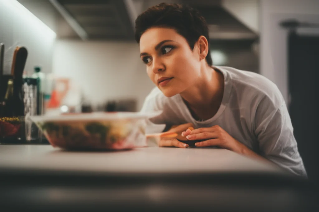 A person, looking thoughtfully at a pre-packaged ready-to-eat meal on a kitchen counter, soft, diffused lighting, 35mm portrait, depth of field, conveying a sense of contemplation about food choices and well-being.