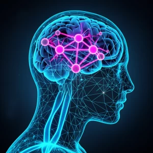 Concetto astratto di intelligenza artificiale applicata alla neurologia: visualizzazione 3D stilizzata di una rete neurale luminosa sovrapposta a un'immagine MRI del cervello umano, colori duotone ciano e magenta, obiettivo grandangolare 24mm per una visione ampia, messa a fuoco nitida sulla connessione tra AI e cervello.