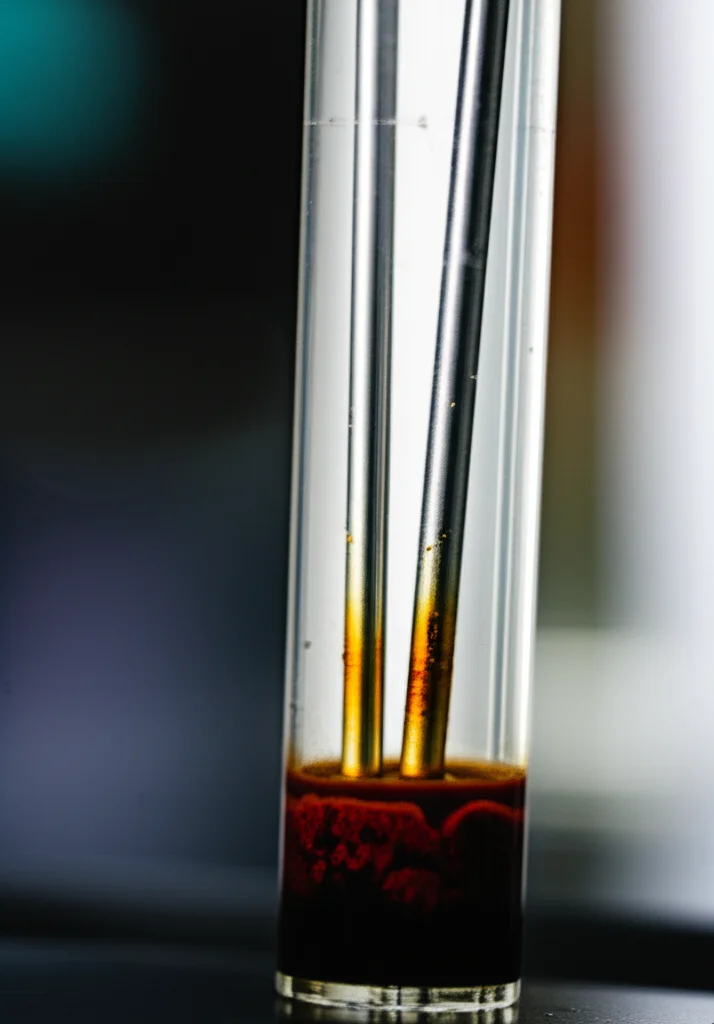 Fotografia realistica di natura morta, obiettivo macro 85mm, alto dettaglio, messa a fuoco precisa, illuminazione controllata, che mostra la fiala del kit di test elettrochimico monouso per biofilm contenente fango di drenaggio scuro con elettrodi in acciaio X65 e grafite immersi, sottili segni di corrosione visibili sull'acciaio.