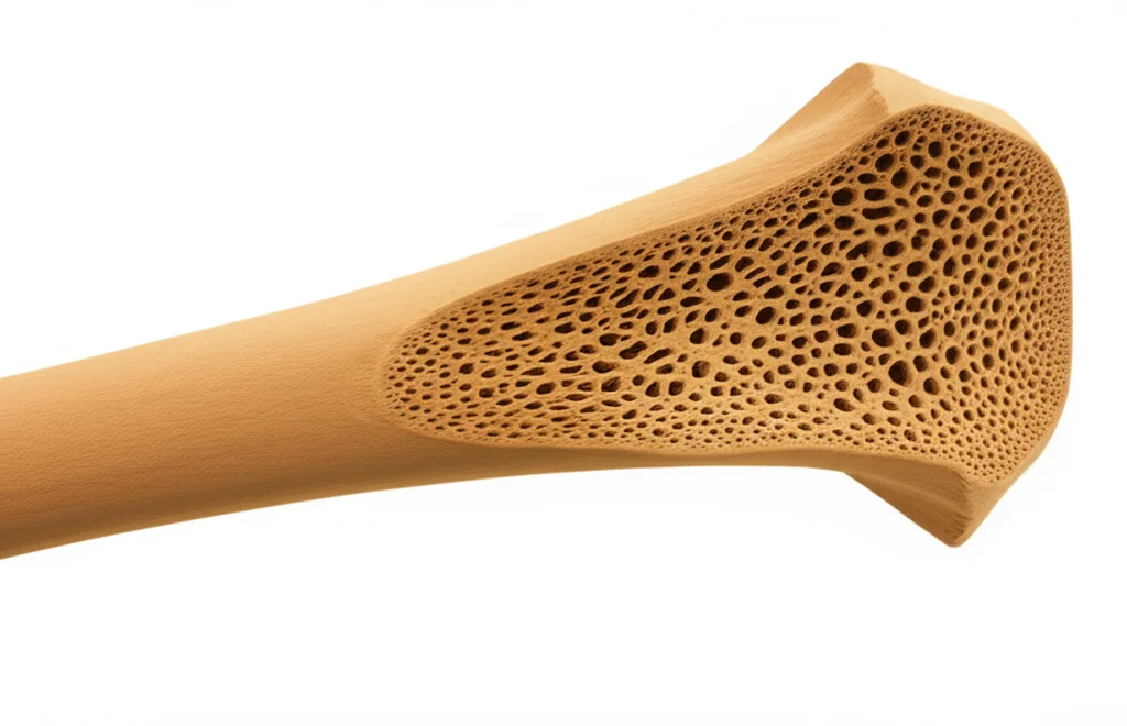 Fotografia macro di una sezione di osso poroso che mostra la struttura indebolita tipica dell'osteoporosi, illuminazione controllata, alta definizione, lente macro 90mm.