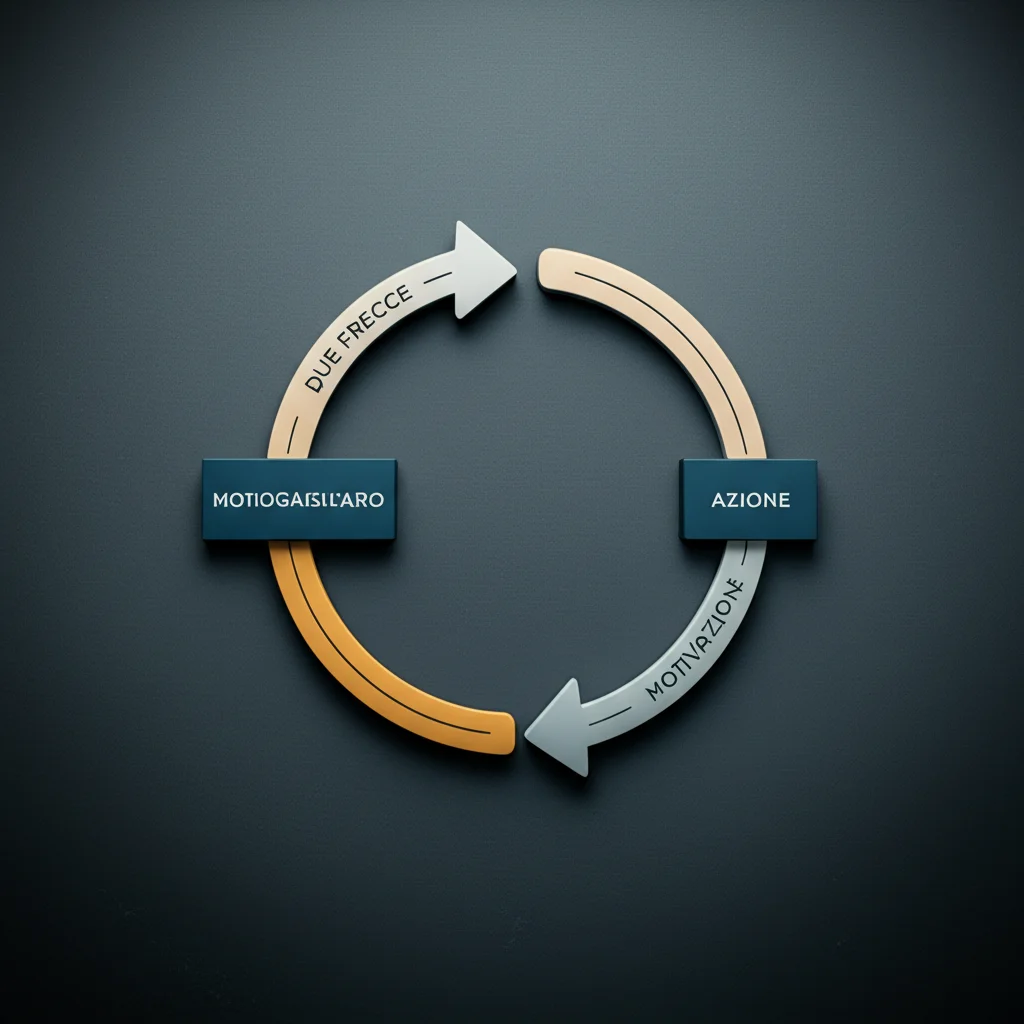 Due frecce che formano un cerchio, una etichettata 'Motivazione' e l'altra 'Azione', a simboleggiare la relazione reciproca. Stile iconografico pulito, obiettivo macro 60mm, alta definizione.