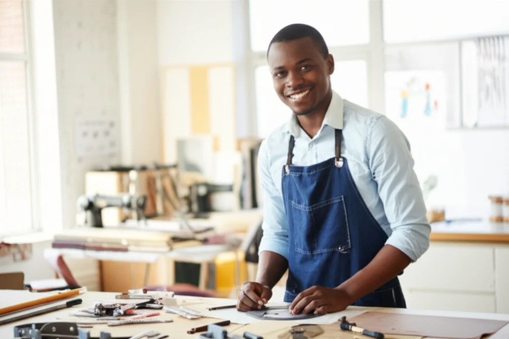 Giovane imprenditore africano sorridente nel suo piccolo negozio o laboratorio, intento a lavorare. Luce naturale, obiettivo prime 35mm, profondità di campo che sfoca leggermente lo sfondo.