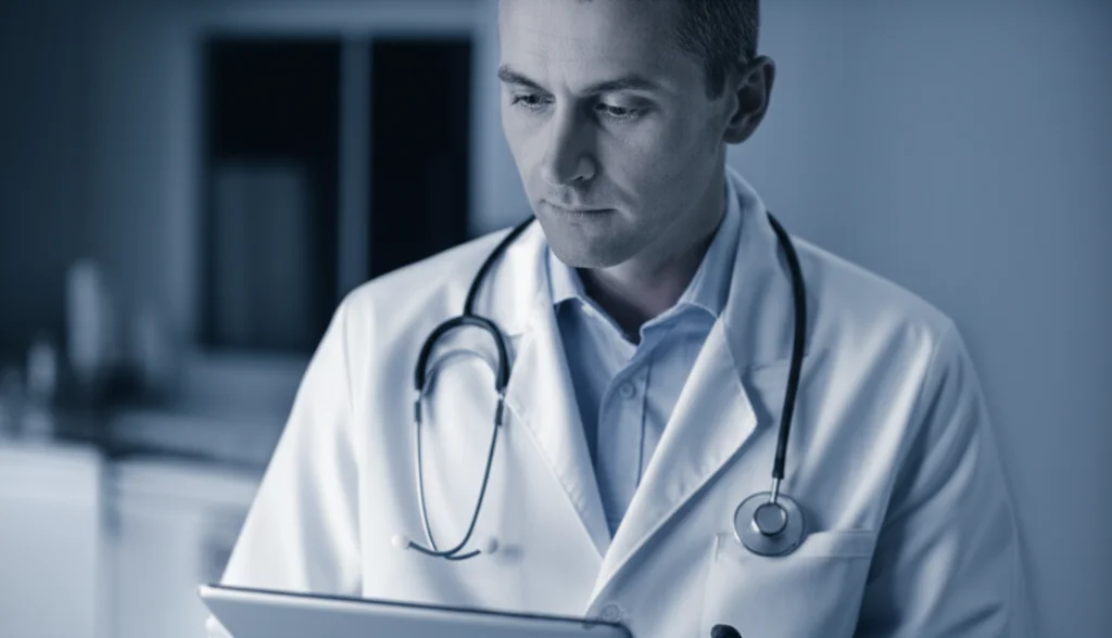 Ritratto fotografico di un medico cardiologo concentrato che osserva un grafico a nomogramma su un tablet, luce soffusa da studio, profondità di campo, obiettivo 35mm, toni duotone blu e grigio.