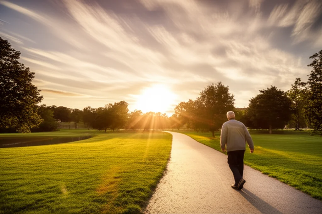 Fotografia grandangolare di un paziente anziano che cammina sereno in un parco al tramonto, lunga esposizione per nuvole soffici, obiettivo 15mm, simboleggiando una prognosi migliorata e la qualità della vita dopo un intervento cardiaco.