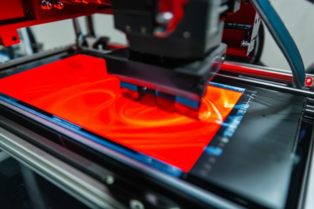 Fotografia d'azione, teleobiettivo 150mm, di un tessuto OLED rosso brillante mentre viene attivamente stropicciato da una macchina multi-assiale in un laboratorio. Luce intensa emessa dall'OLED contrasta con le pieghe scure del tessuto. Movimento leggermente sfocato per indicare l'azione, fast shutter speed.