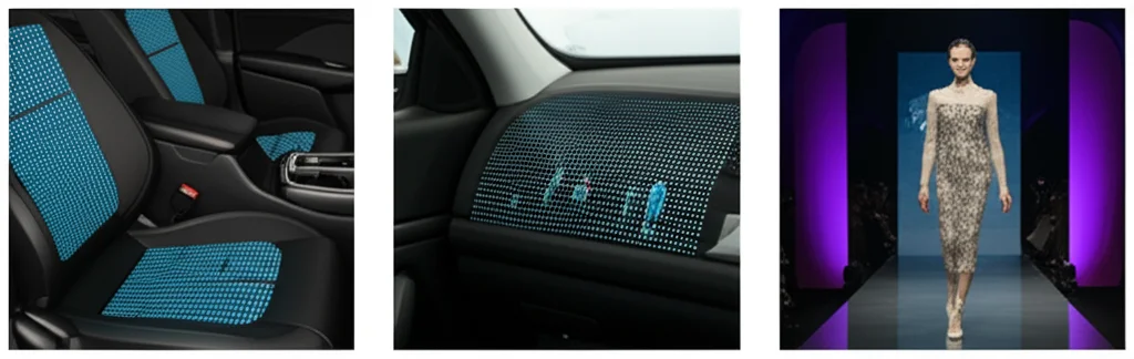Immagine panoramica, wide-angle 20mm, che mostra diverse applicazioni future di OLED tessili: un dettaglio di un sedile d'auto con illuminazione integrata, un atleta che indossa una maglia con display biometrico, e un capo di moda futuristico su una passerella. Illuminazione varia per adattarsi ai contesti, focus nitido su ogni applicazione.