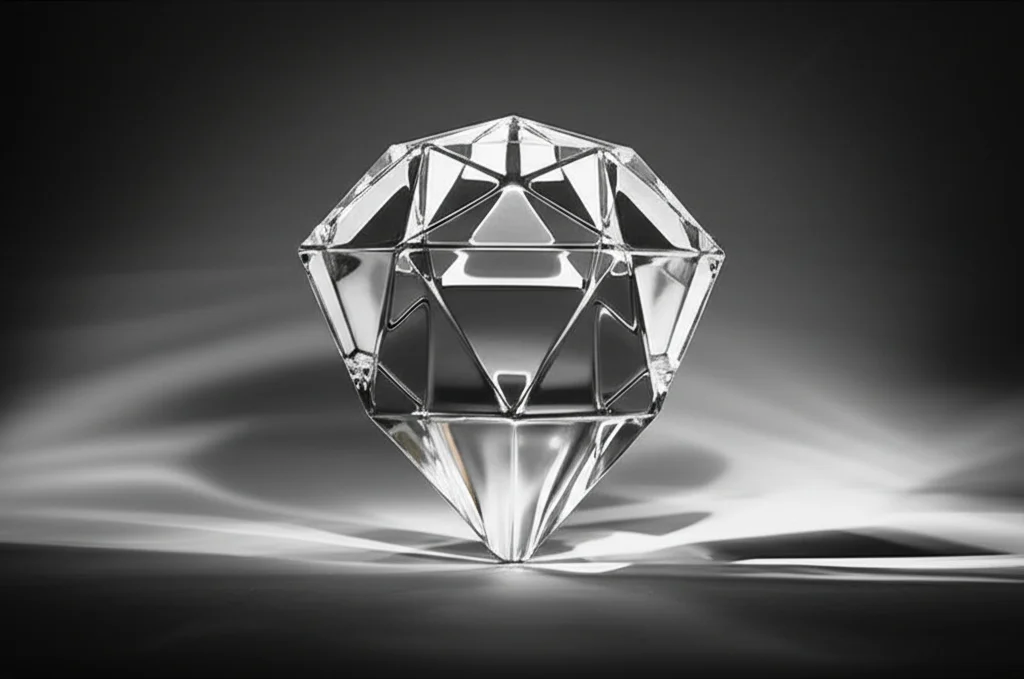 Immagine concettuale della stabilità: una complessa struttura geometrica fatta di vetro che rimane perfettamente bilanciata su un punto sottile, nonostante delle leggere onde d'aria visibili attorno. Obiettivo prime 50mm, profondità di campo ridotta, illuminazione drammatica laterale.