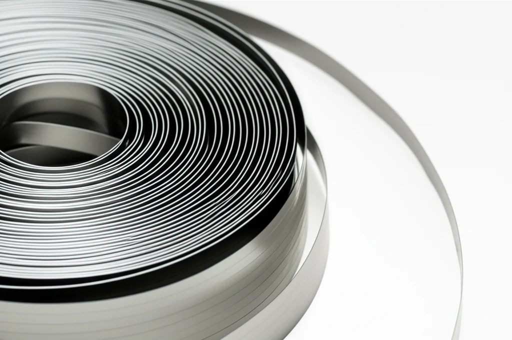 Primo piano macro di un nastro magnetico nanocristallino lucido e sottile avvolto a formare un nucleo toroidale, illuminazione controllata per evidenziare la microstruttura fine, obiettivo macro 100mm, alta definizione, messa a fuoco precisa.