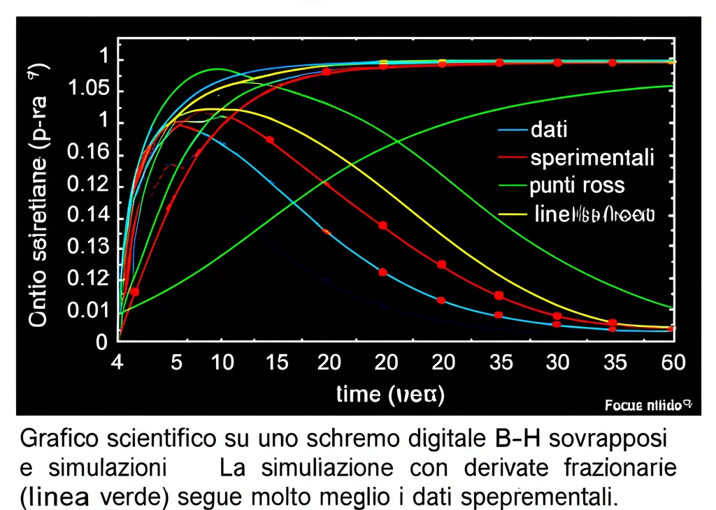 Grafico scientifico su uno schermo digitale che mostra diverse curve di cicli di isteresi B-H sovrapposte: dati sperimentali (punti rossi) e simulazioni (linee blu e verdi). La simulazione con derivate frazionarie (linea verde) segue molto meglio i dati sperimentali. Focus nitido sul grafico, sfondo scuro tecnico.