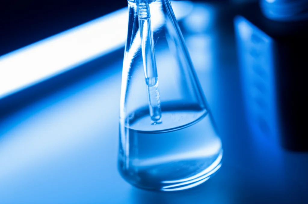 Primo piano di una provetta con campione di lavaggio broncoalveolare (BAL) in un laboratorio high-tech, illuminazione controllata, obiettivo macro 100mm, alta definizione dei dettagli del liquido leggermente torbido.