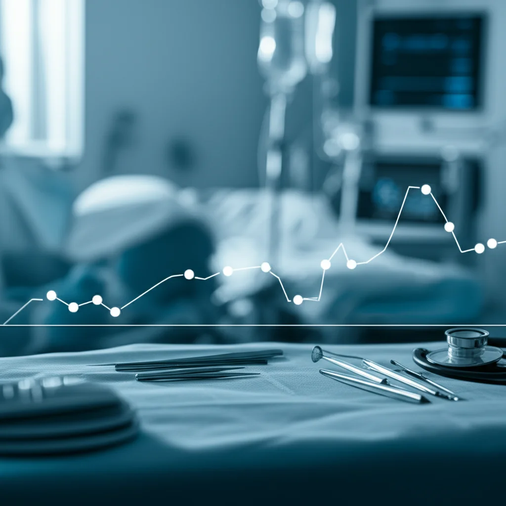 Grafico stilizzato che mostra una linea discendente rappresentante la riduzione dell'intensità della terapia antibiotica (NAT score) nel tempo, sfondo sfocato di un reparto di terapia intensiva, colori duotone blu e grigio, profondità di campo.