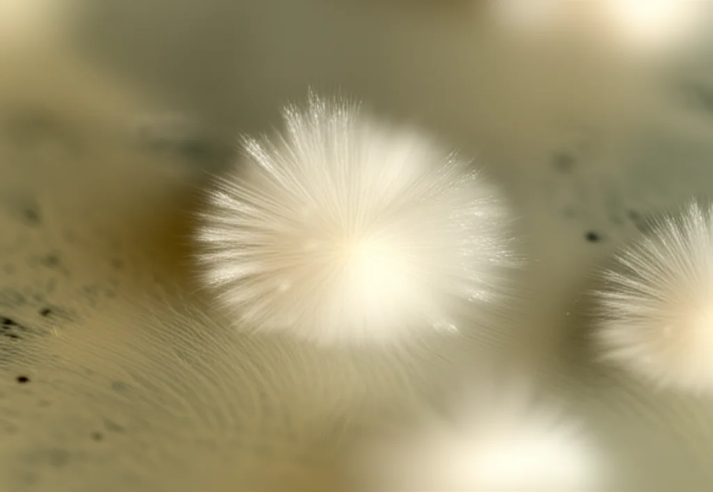 Macro fotografia di una coltura del fungo filamentoso Amylomyces rouxii in una piastra di Petri trasparente, obiettivo macro 100mm, alta definizione dei dettagli delle ife bianche e cotonose, illuminazione controllata da laboratorio che crea ombre morbide, sfondo sfocato.